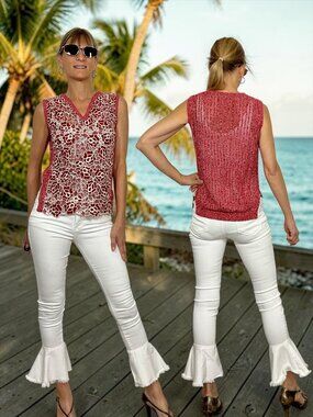 Marco De Vincenzo Sweater Tank Top 40 US 4 Red Crochet Lace
